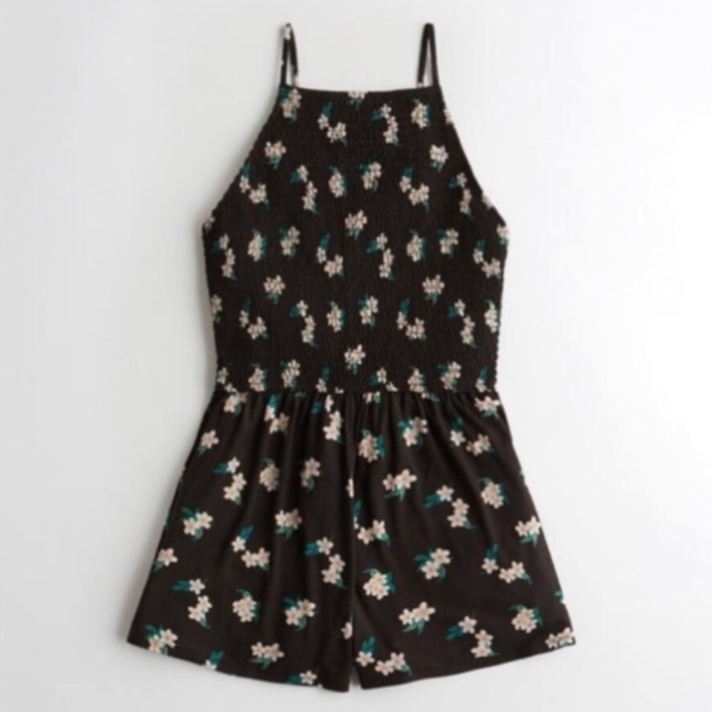 Hollister Smocked High Neck Black Floral Romper